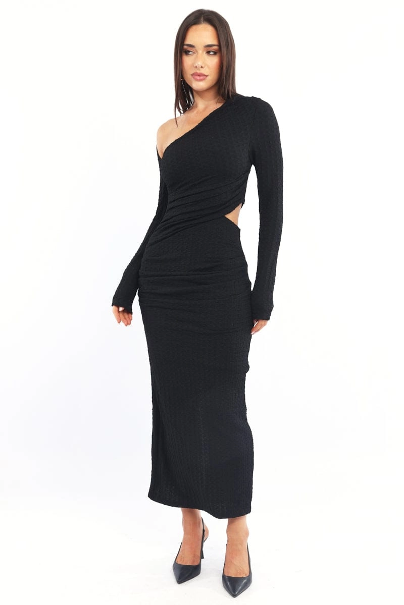 Black Bodycon Dress Textured Midi