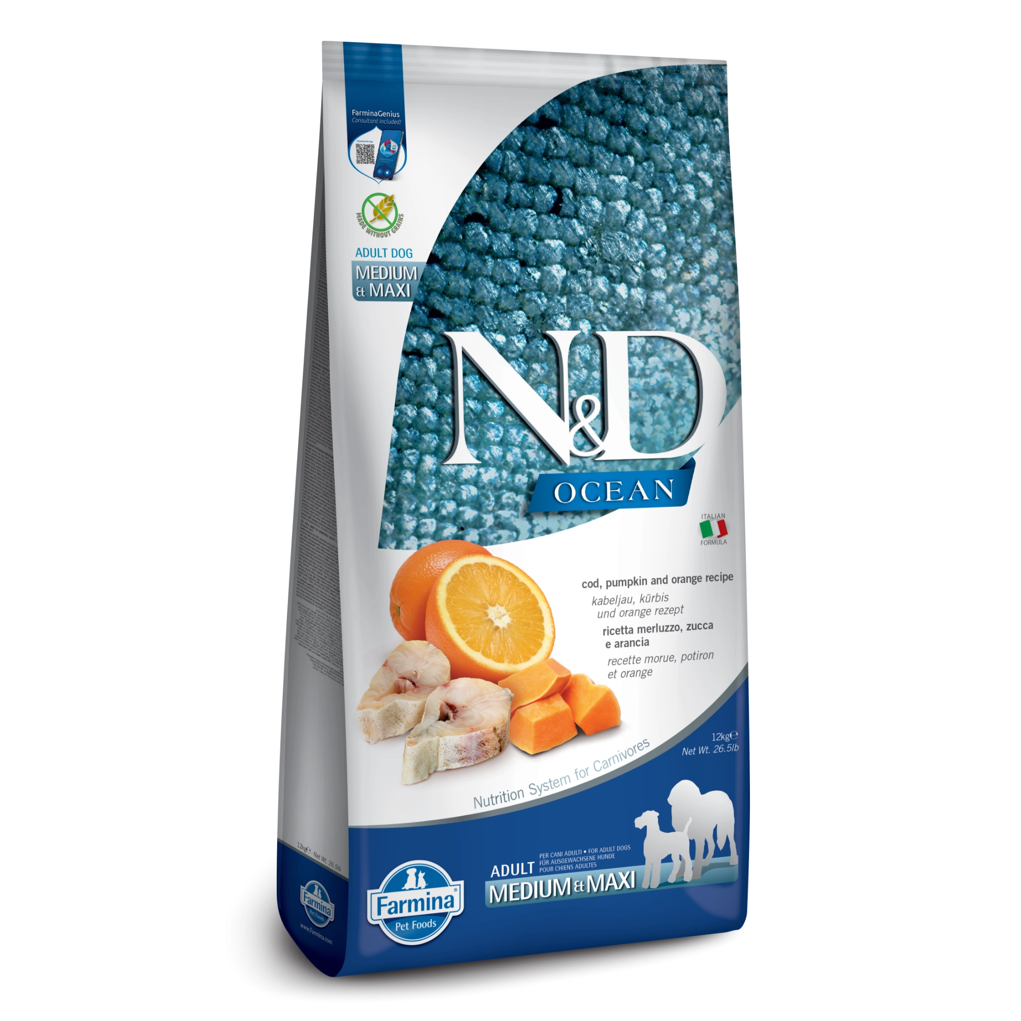 Farmina N&D Ocean Grain Free Cod, Pumpkin & Orange Medium & Maxi Adult Dry Dog Food