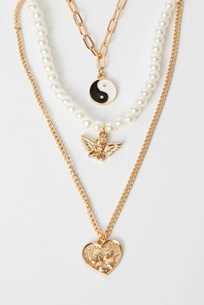 Gold 3 Pack Pendent Necklaces Angel Heart Yin yang
