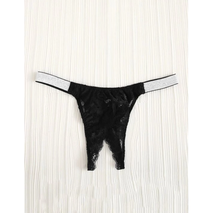 Lace Crotchless Thong With Bling Side Straps