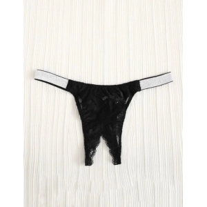 Lace Crotchless Thong With Bling Side Straps