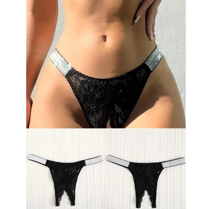 Lace Crotchless Thong With Bling Side Straps