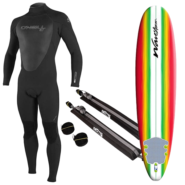 Men's Wetsuit, Surfboard, and Rack Package