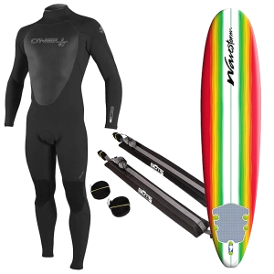 Men's Wetsuit, Surfboard, and Rack Package