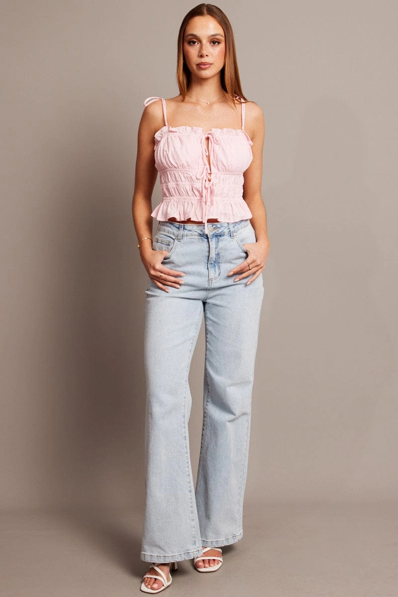 Pink Cami Top Sleeveless Tie Front Textured