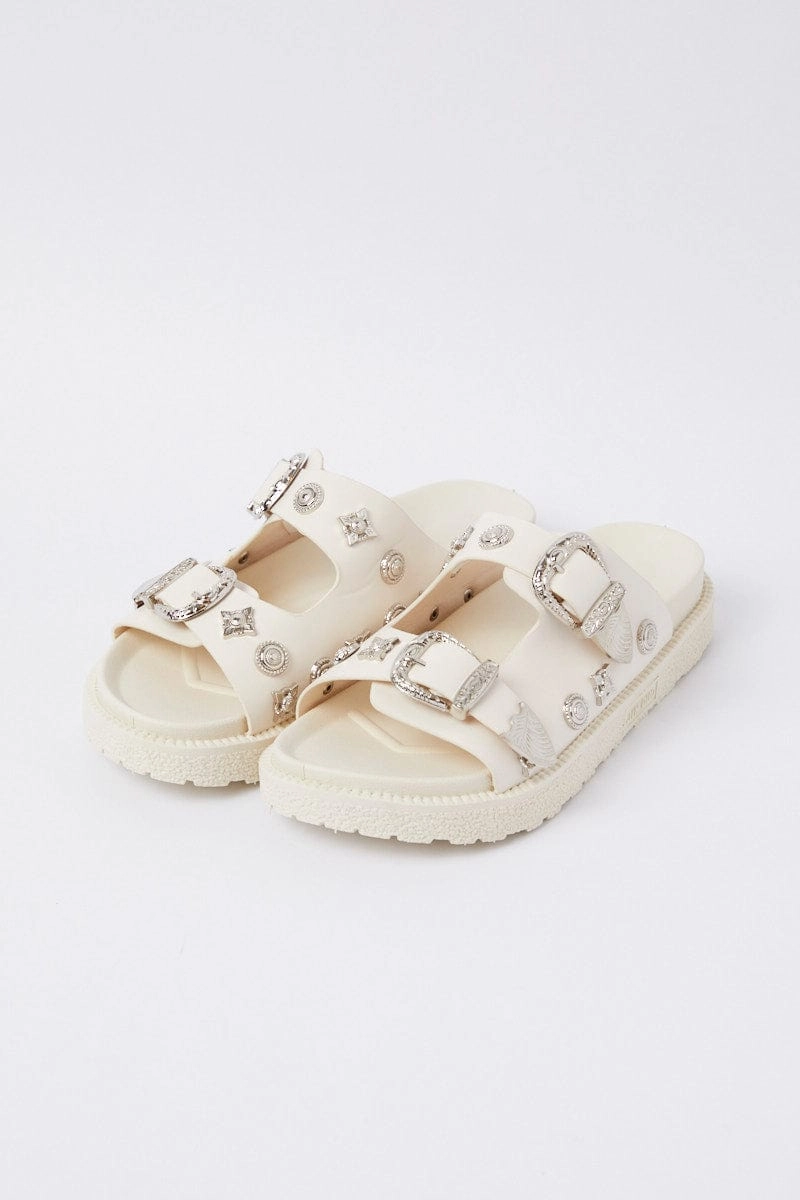 White Buckle Studded Western Footbed Sandal