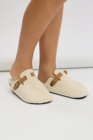 White Faux Fur Clogs Mules