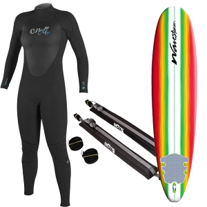 Women's Wetsuit, Surfboard, and Rack Package