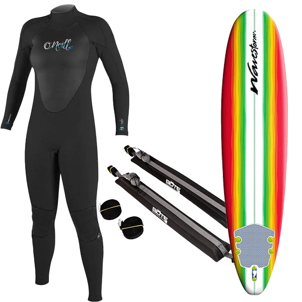 Women's Wetsuit, Surfboard, and Rack Package